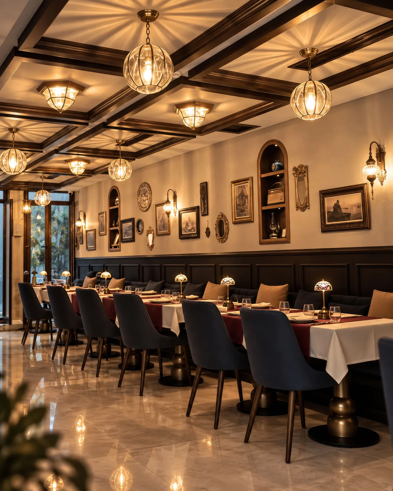 The main dining hall with a coffered ceiling, brass pendant lights and a gallery wall