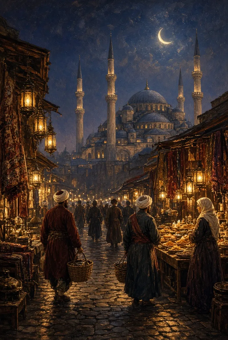 Night bazaar beneath mosque silhouettes and moonlight — oil painting