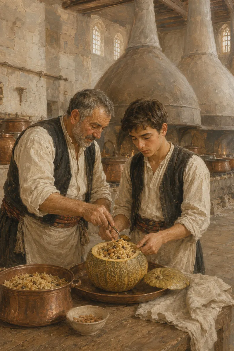 Master cook and apprentice preparing stuffed melon in the palace kitchens — oil painting