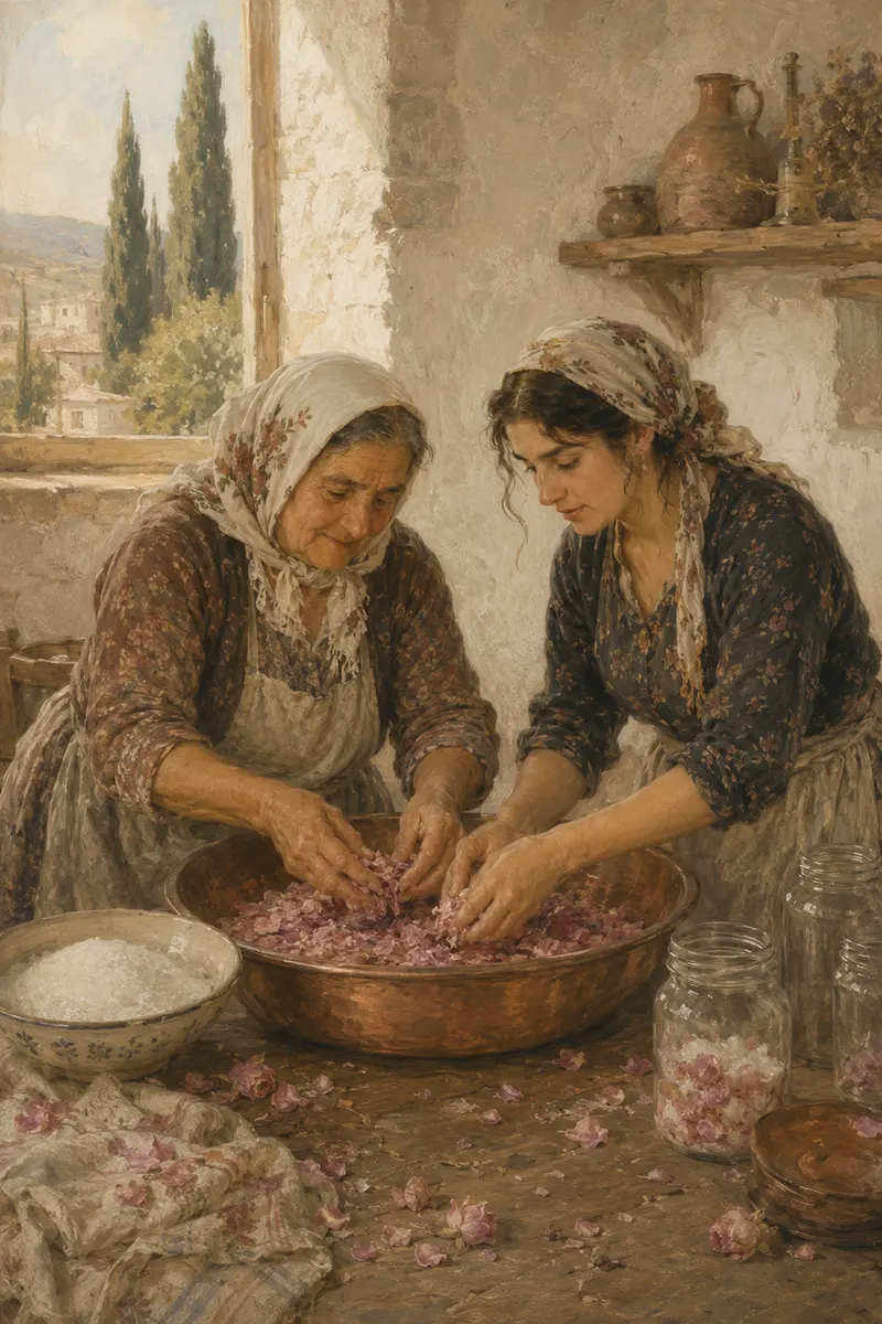 Two women preparing rose-petal preserve in a copper basin — oil painting