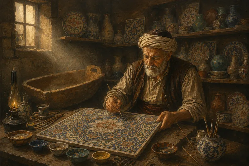 Master craftsman painting Iznik tiles in his workshop — oil painting