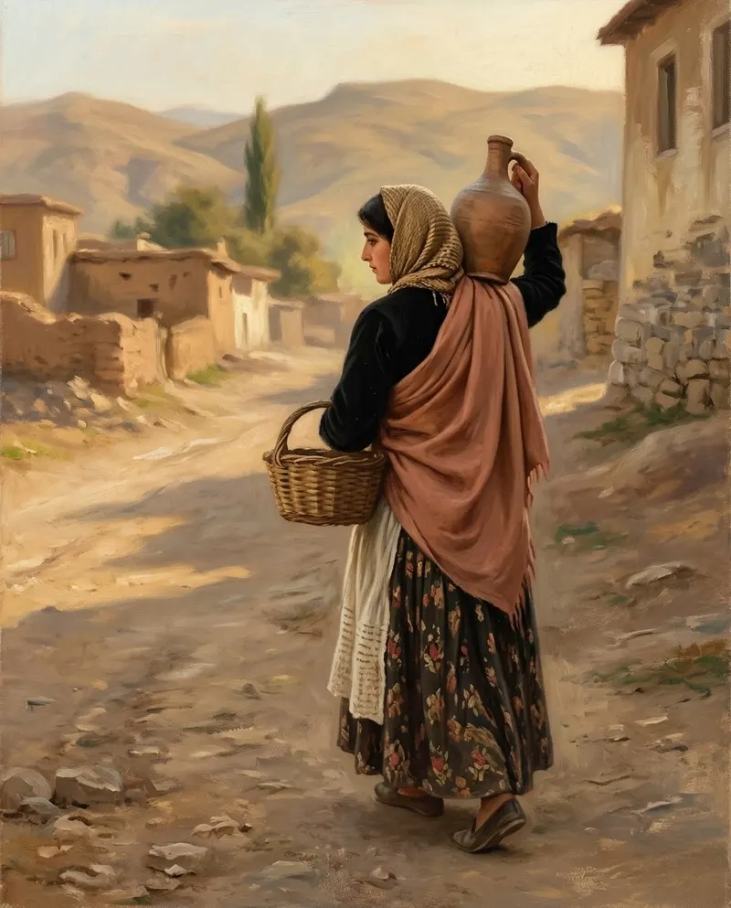 Anatolian woman carrying a water jug — oil painting